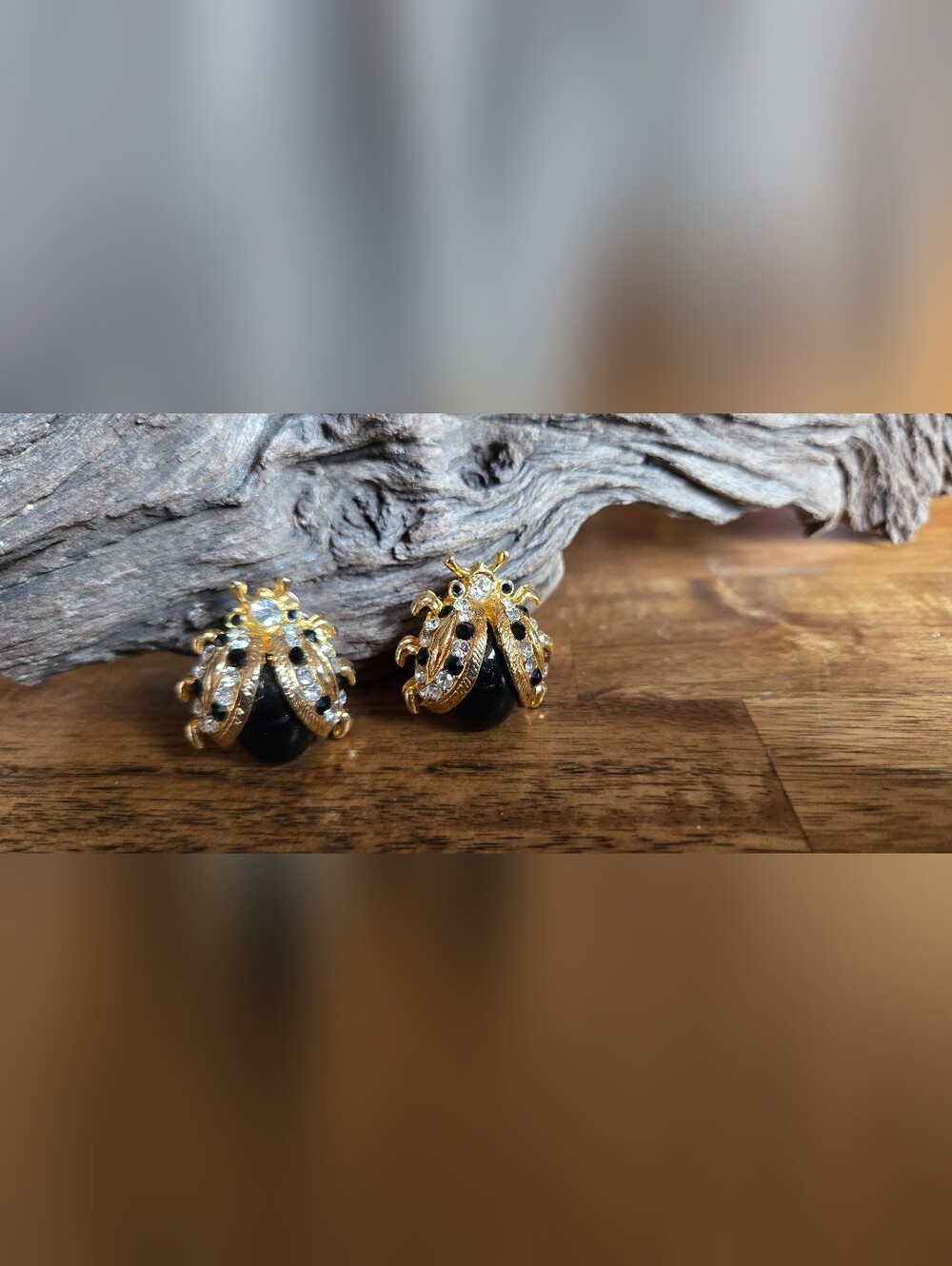 Vintage Rhinestone Ladybug Clip-On Earrings Black Clear Gold Tone 1" POER000017
